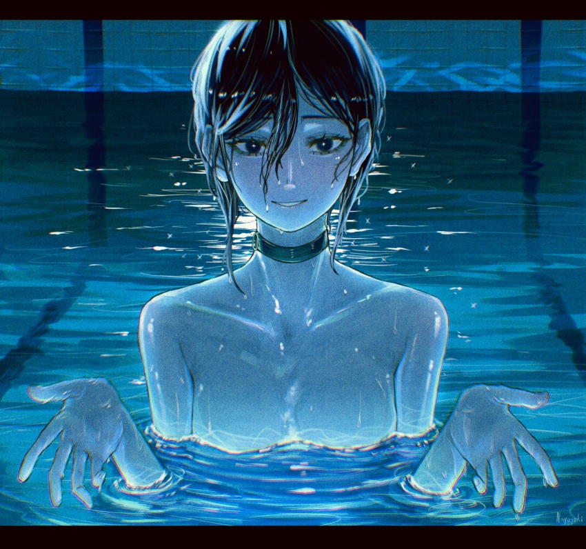 1girl, black_choker, black_eyes, black_hair, chainsaw_man, choker, collarbone, dark