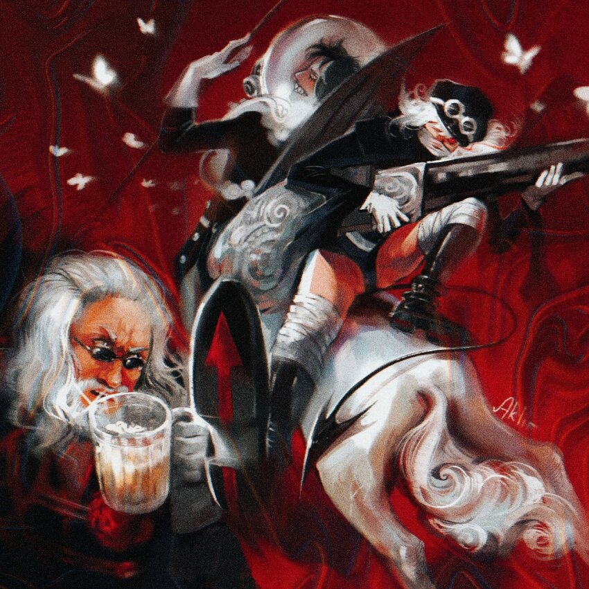 1girl, 2boys, aklirkiefer, alternate_form, arrow_(symbol), bandaged_leg, bandages, beard