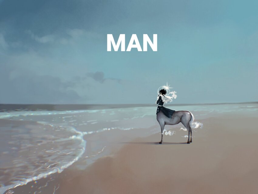 1boy, aklirkiefer, alternate_form, beach, black_coat, black_hair, centaur, coat