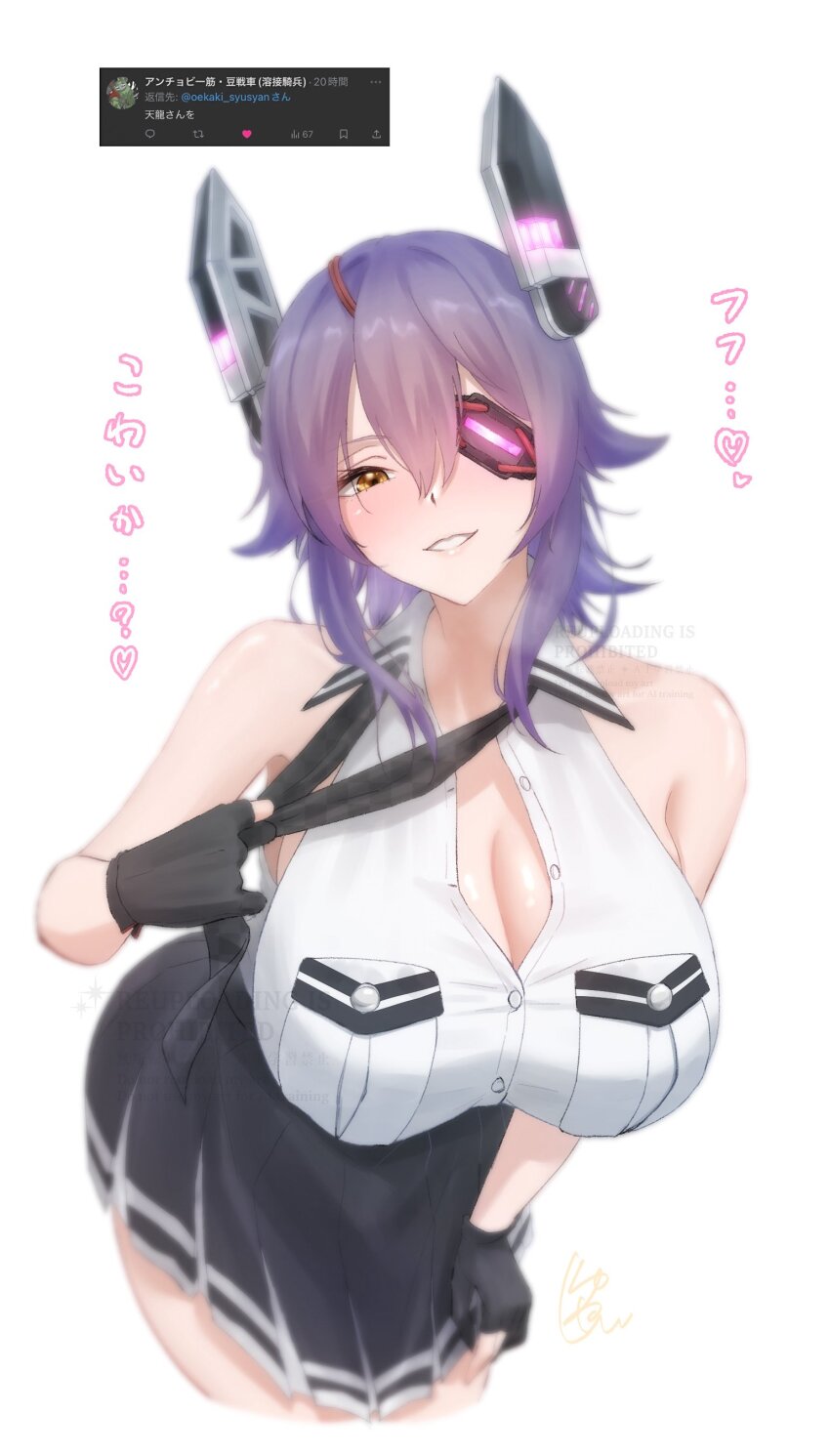 1girl, absurdres, black_gloves, breast_pocket, breasts, checkered_clothes, checkered_necktie, cleavage