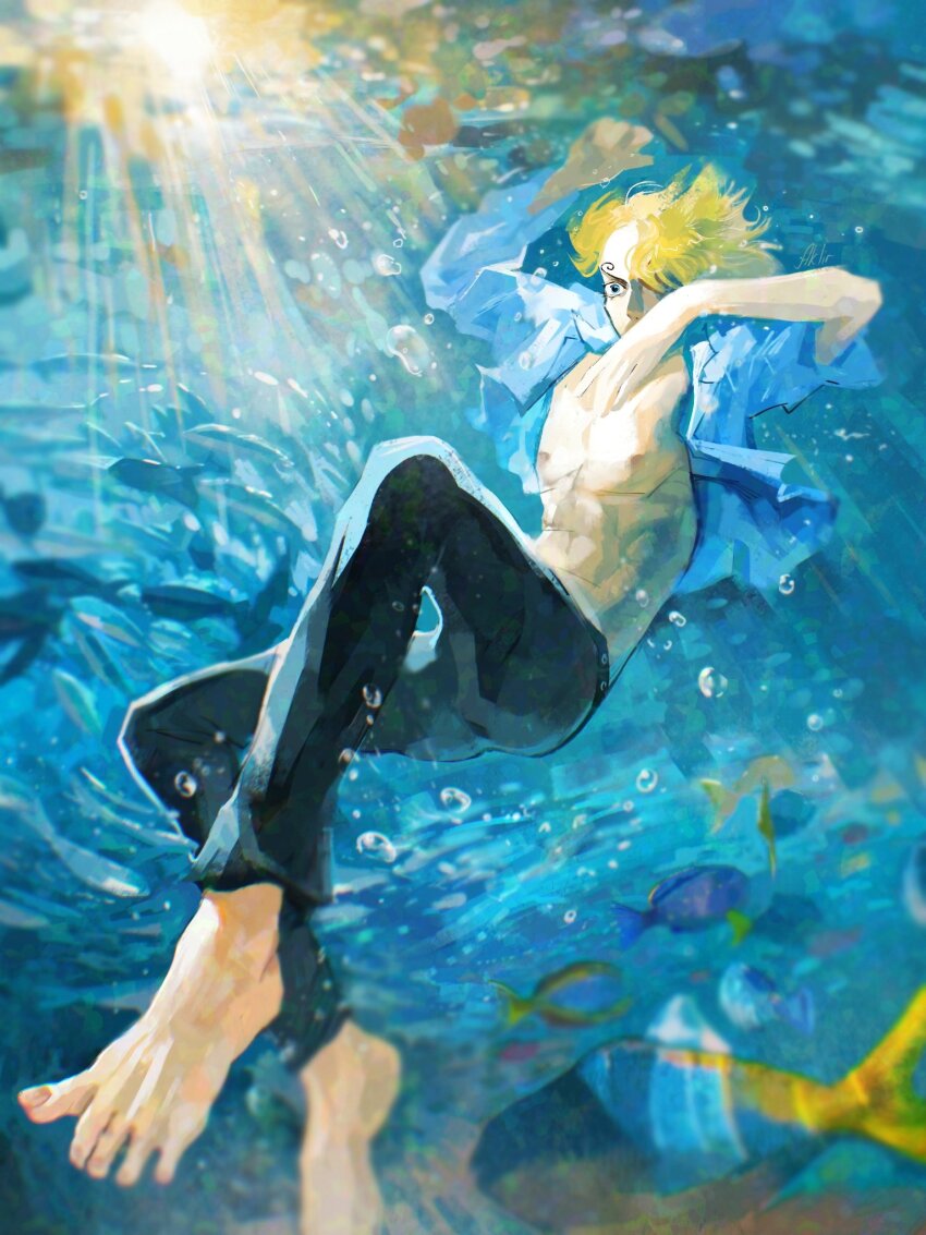 1boy, air_bubble, aklirkiefer, barefoot, black_pants, blonde_hair, blue_eyes, blue_shirt