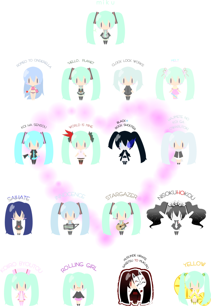 10s, 1girl, alice4127, aqua_hair, black_hair, black_rock_shooter, blue_hair, blush_stickers, chibi, clock_lock_works_(vocaloid), hajimete_no_koi_ga_owaru_toki_(vocaloid), hatsune_miku, hatsune_miku_(saihate), hello_planet_(vocaloid), highres, innocence_(vocaloid), japanese_clothes, kimono, koi_wa_sensou_(vocaloid), koiiro_byoutou_(vocaloid), long_hair, mask, melt_(vocaloid), musunde_hiraite_rasetsu_to_mukuro_(vocaloid), nisoku_hokou_(vocaloid), nurse, rolling_girl_(vocaloid), romaji_text, romeo_to_cinderella_(vocaloid), saihate_(vocaloid), scarf, songover, stargazer_(vocaloid), takanashi_hiyori, twintails, very_long_hair, vocaloid, world_is_mine_(vocaloid), yellow_(vocaloid), |_|