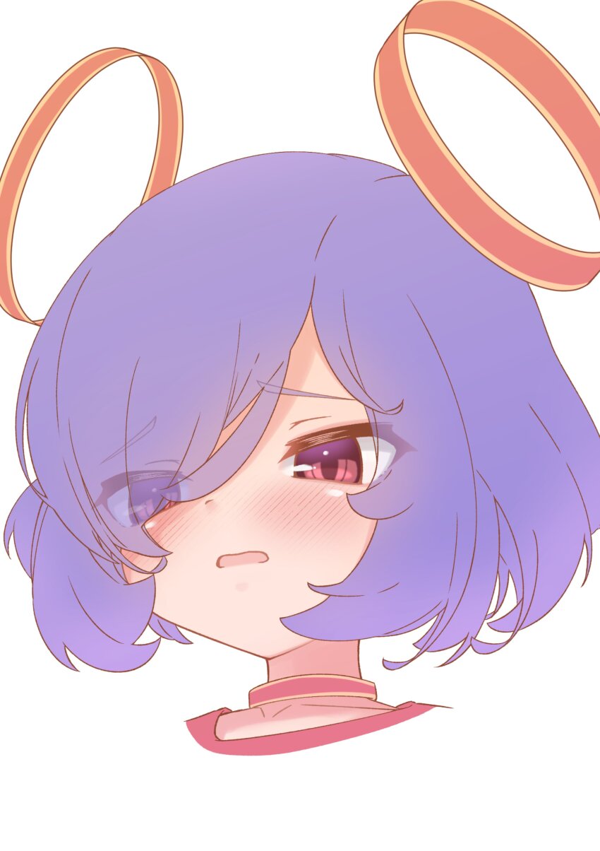 1girl, absurdres, blue_hair, blush, child, choker, cropped_head, double_halo, emil_chronicle_online, hair_over_one_eye, halo, highres, open_mouth, phantom_alma, red_choker, red_eyes, red_halo, silver-index, solo, white_background