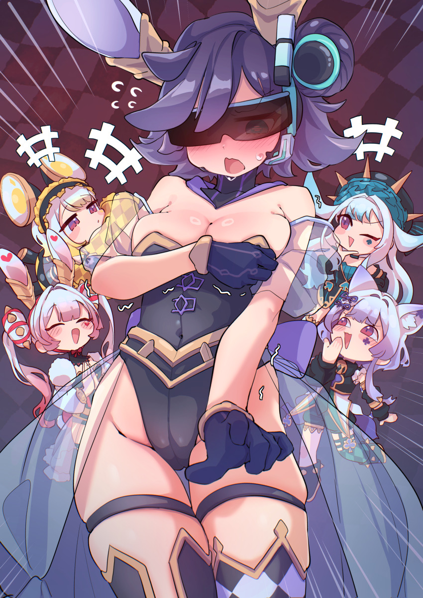5girls, absurdres, alternate_costume, animal_ear_fluff, animal_ears, backup@ignister, backup_secretary, bell, black_leotard, blonde_hair, blush, breasts, c_civciv, cat_ears, cat_girl, checkered_clothes, checkered_legwear, checkered_pillow, cleavage, club_(shape), club_facial_mark, club_tattoo, detached_sleeves, diamond_(shape), diamond_facial_mark, donut_hair_bun, double_bun, dress, duel_monster, facial_mark, frilled_hairband, frills, gloves, hair_bun, hairband, hat, head-mounted_display, highres, large_breasts, leotard, long_hair, long_sleeves, maliss_<p>_chessy_cat, maliss_<p>_dormouse, maliss_<p>_march_hare, maliss_<p>_white_rabbit, mouse_ears, mouse_girl, multiple_girls, open_mouth, pink_eyes, pink_hair, purple_eyes, purple_hair, rabbit_ears, rabbit_girl, see-through_clothes, see-through_skirt, short_hair, single_hair_bun, skirt, smile, spade_(shape), spiked_wristband, troll_face, twintails, very_long_hair, white_hair, yellow_pillow, yu-gi-oh!