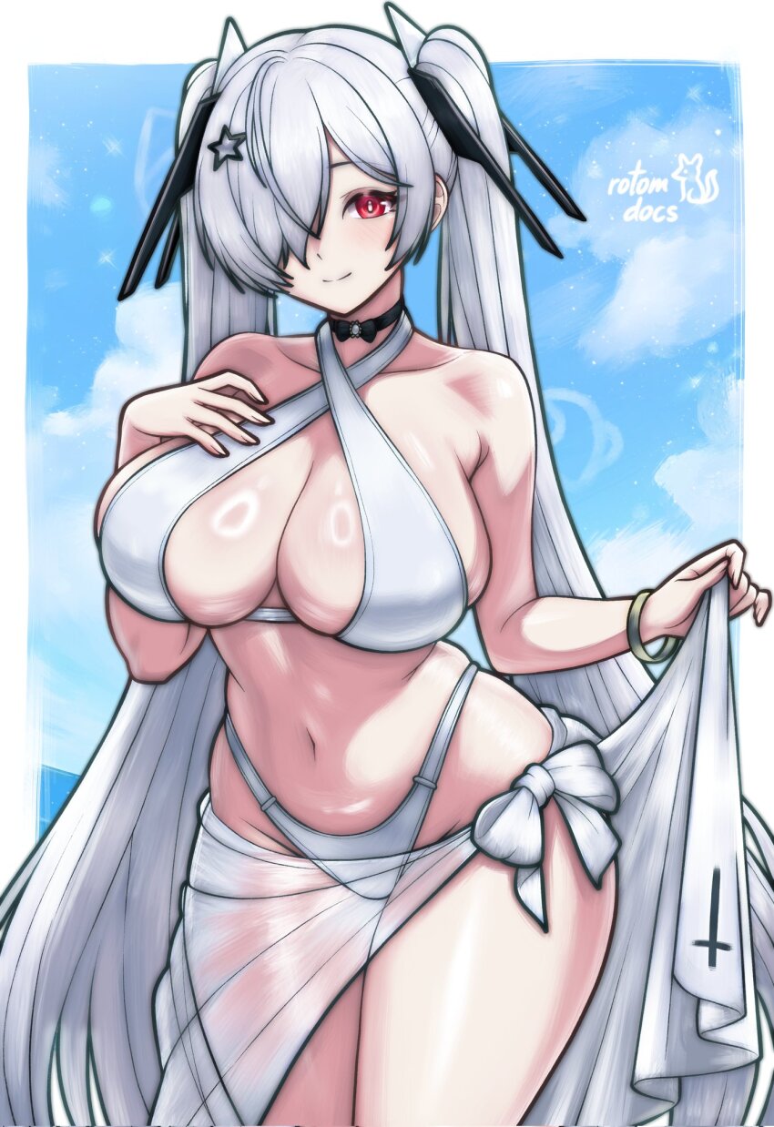 1girl, absurdly_long_hair, armpit_crease, bikini, black_choker, blue_sky, border, breasts, choker, cinderella_(nikke), cleavage, closed_mouth, cloud, collarbone, cowboy_shot, curvy, day, goddess_of_victory:_nikke, hair_ornament, hair_over_one_eye, highleg, highleg_bikini, highres, inverted_cross, inverted_cross_print, large_breasts, long_hair, looking_at_viewer, navel, outdoors, red_eyes, rotomdocs, sarong, sky, smile, solo, stomach, swimsuit, twintails, very_long_hair, white_bikini, white_border, white_hair, white_sarong