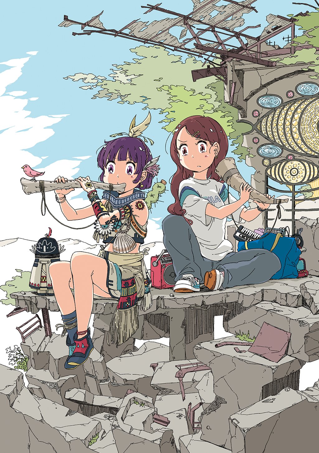2girls, anime_coloring, arcade_cabinet, asymmetrical_footwear, asymmetrical_legwear, bird_on_instrument, blue_sky, bob_cut, boombox, brown_eyes, brown_hair, choppy_bangs, commentary_request, earrings, feather_hair_ornament, feathers, flute, full_body, hair_ornament, hairclip, highres, holding, holding_instrument, horn_(instrument), instrument, jewelry, kemhok, keyboard_(instrument), long_hair, looking_at_another, mixing_console, mountainous_horizon, multiple_girls, music, necklace, original, playing_flute, playing_instrument, pout, purple_eyes, purple_hair, rubble, sarong, shell, shell_earrings, shell_necklace, shirt, short_hair, shoulder_tattoo, sitting, sky, stained_glass, swept_bangs, t-shirt, tattoo, tribal, tribal_tattoo, white_shirt