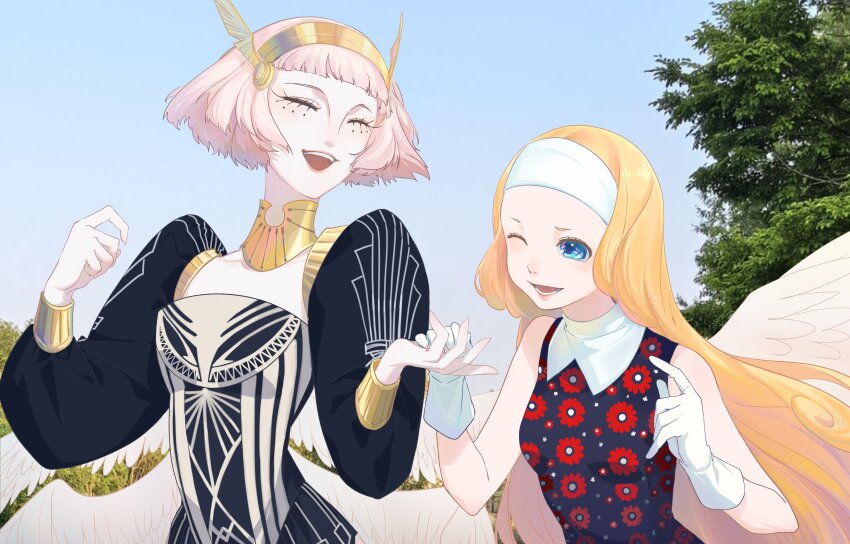 2girls, absurdres, bare_shoulders, black_dress, blonde_hair, blue_eyes, blue_sky, closed_eyes, commentary, day, dress, facial_mark, floral_print, floral_print_dress, gloves, hairband, hashtag-only_commentary, highres, junah_(metaphor:_refantazio), long_hair, looking_at_another, metaphor:_refantazio, multiple_girls, one_eye_closed, open_mouth, outdoors, pink_hair, print_dress, rella_(metaphor:_refantazio), short_hair, sky, sleeveless, sleeveless_dress, smile, teeth, tree, upper_teeth_only, white_gloves, white_hairband, you92