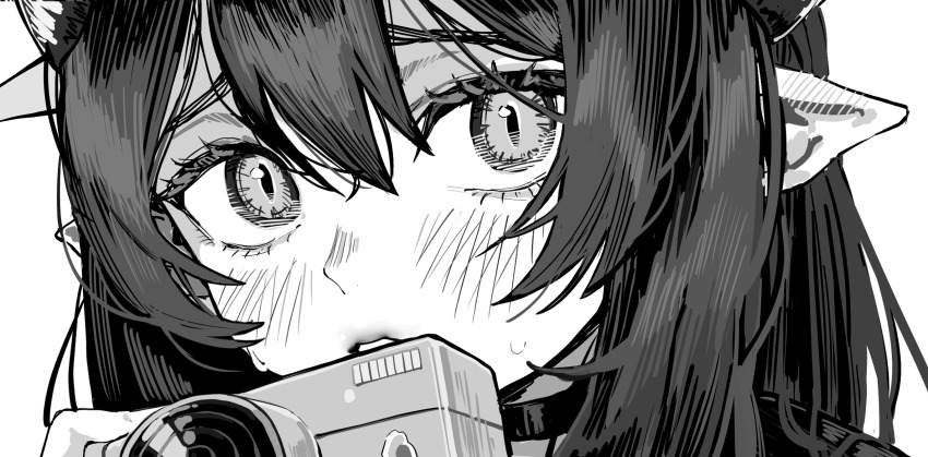 1girl, blue_archive, blush, camera, chiaki_(blue_archive), choker, close-up, commentary_request