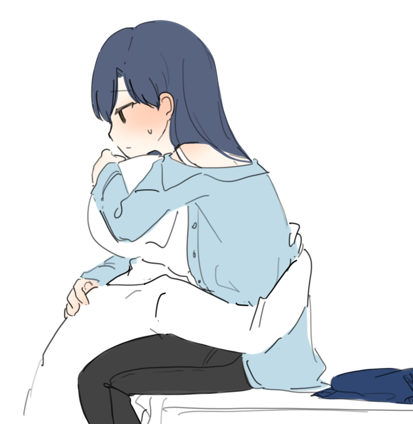 1boy, 1girl, archive_(user_ufsk2755), black_pants, blue_hair, blue_shirt, blush, closed_mouth