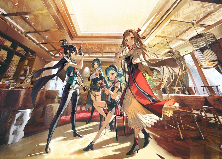 4girls, absurdres, birdcage, black_gloves, black_hair, black_pants, black_shorts, blunt_bangs