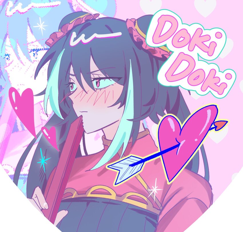 1girl, arrow_through_heart, black_dress, black_hair, blush, chinese_clothes, double_bun, dress