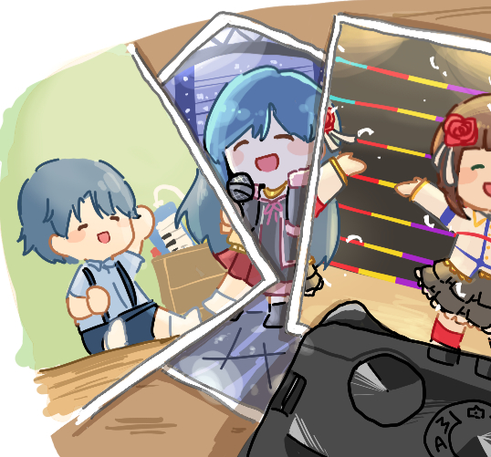 age_progression, amami_haruka, archive_(user_ufsk2755), arm_up, black_dress, blue_hair, brother_and_sister, camera