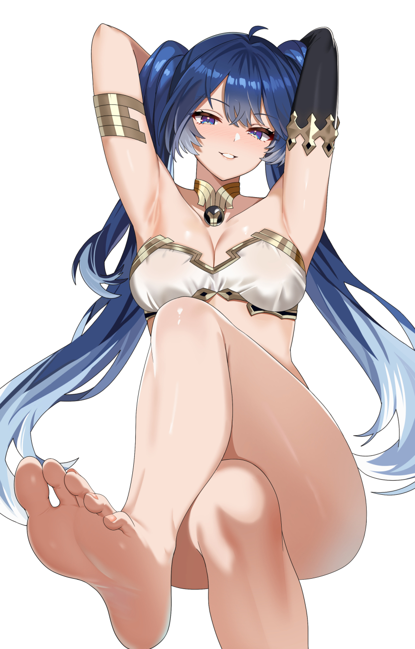 1girl, absurdres, ahoge, armpits, arms_behind_head, arms_up, barefoot, bikini, blue_eyes, blue_hair, blush, breasts, cleavage, commentary, cosplay, crossed_legs, fate/grand_order, fate_(series), feet, foot_out_of_frame, gradient_hair, highres, ishtar_(fate), ishtar_(fate)_(cosplay), iuno_(wuthering_waves), long_hair, looking_at_viewer, medium_breasts, multicolored_hair, parted_lips, presenting_armpit, revision, simple_background, smile, soles, solo, swimsuit, thighs, toenails, toes, twintails, twomoon, very_long_hair, white_background, white_bikini, wuthering_waves