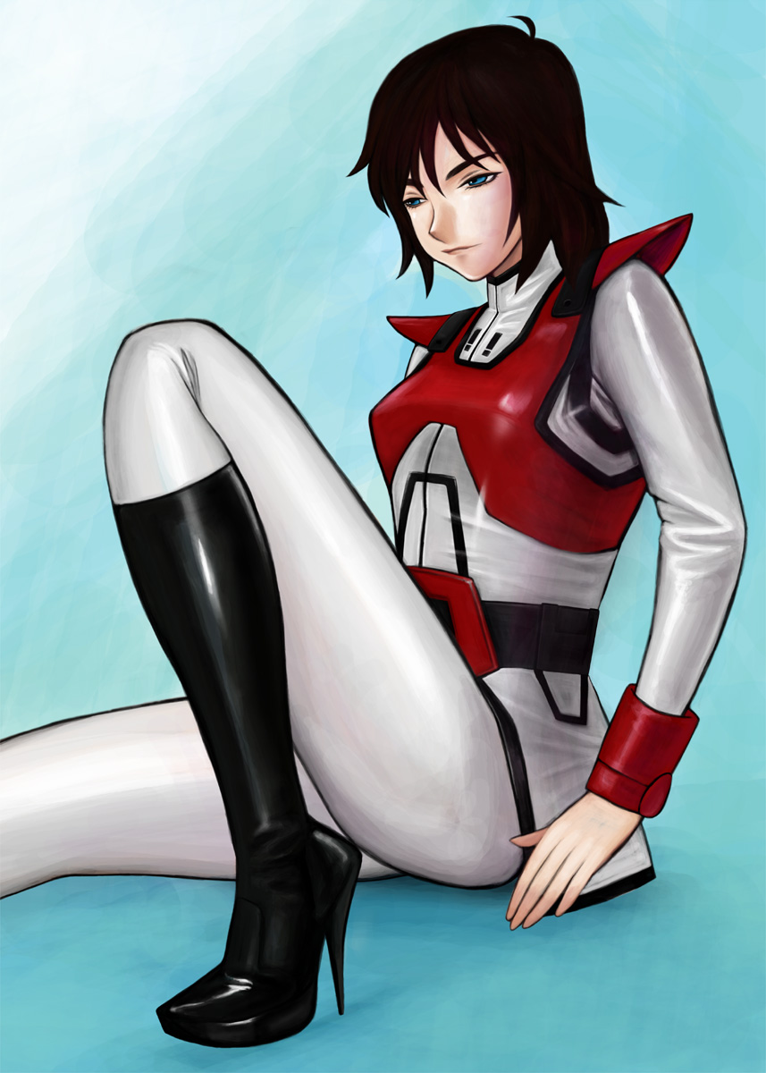 1980s_(style), 1girl, black_footwear, black_hair, blue_eyes, boots, choujikuu_kidan_southern_cross, female_focus