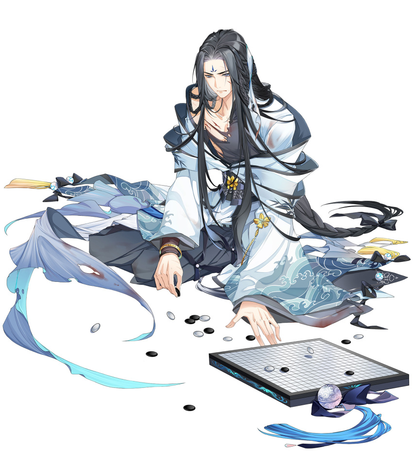 1boy, arm_support, bamboo_print, bell, black_bow, black_hair, black_robe, black_sash