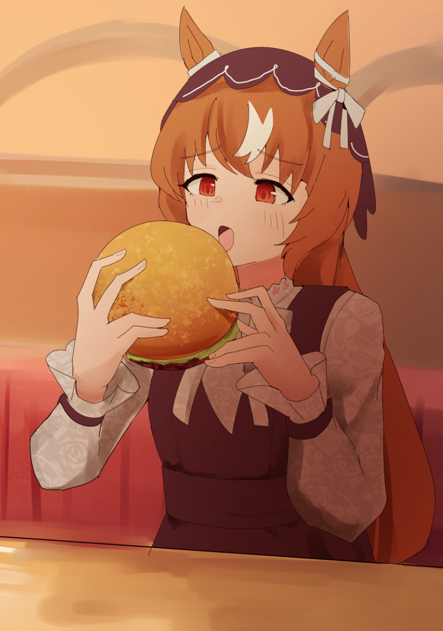 1girl, animal_ears, black_dress, black_veil, blush, bow, brown_hair, burger, denryoku_saboten, dress, food, highres, holding, holding_burger, holding_food, horse_ears, horse_girl, open_mouth, red_eyes, shirt, solo, still_in_love_(casual)_(umamusume), still_in_love_(umamusume), umamusume, veil, white_bow, white_shirt