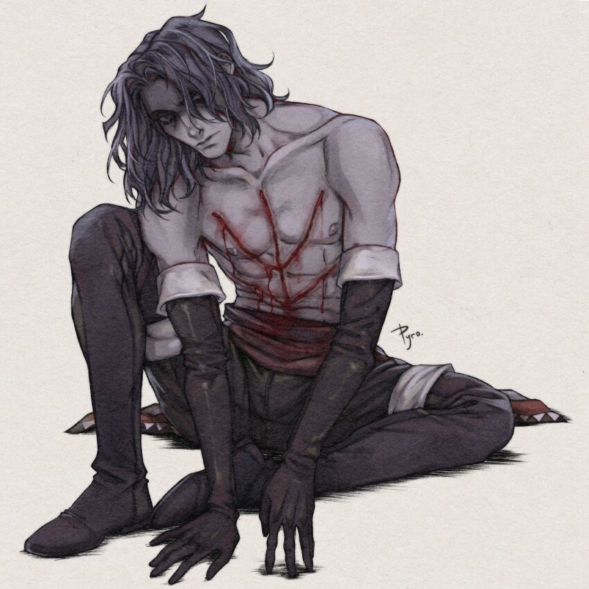 1boy, black_boots, black_hair, black_pants, blood, boots, cahara_(fear_&amp;_hunger), closed_mouth