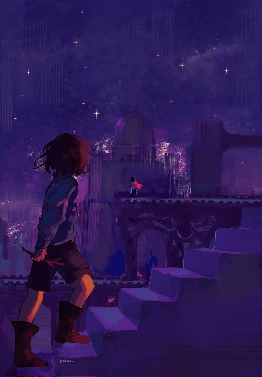 2others, black_hair, black_shorts, blue_sweater, boots, brown_hair, cape, commentary