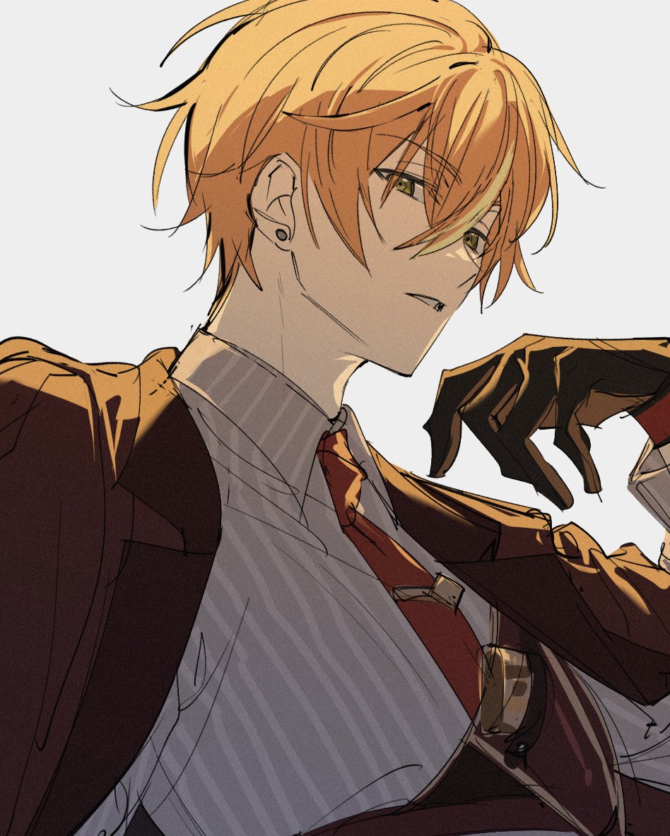 1boy, bad_id, bad_twitter_id, black_gloves, blonde_hair, collared_shirt, earrings, gloves