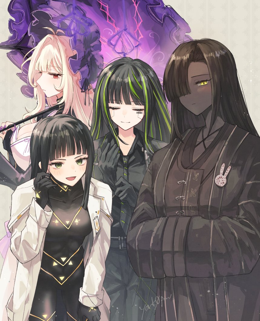 4girls, alfonso_(project_moon), black_bodysuit, black_gloves, black_hair, black_jacket, black_shirt, blonde_hair, blunt_bangs, bodysuit, breasts, brown_coat, brown_hair, cesara_(project_moon), cleavage, closed_eyes, coat, collared_shirt, dark-skinned_female, dark_skin, dulcinea_(project_moon), gloves, green_eyes, green_hair, hair_over_one_eye, holding, holding_umbrella, jacket, light_smile, limbus_company, long_hair, looking_at_viewer, multicolored_hair, multiple_girls, open_clothes, open_coat, open_mouth, parasol, project_moon, purple_umbrella, red_eyes, shirt, streaked_hair, two-tone_hair, umbrella, white_coat, yellow_eyes, york0pm, zilu_(project_moon)