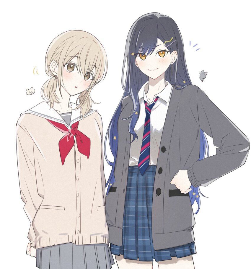 2girls, azusawa_kohane, bad_id, bad_twitter_id, black_hair, blue_hair, brown_cardigan, brown_eyes, brown_hair, cardigan, clenched_hand, closed_mouth, collared_shirt, diagonal-striped_clothes, diagonal-striped_necktie, gradient_hair, grey_cardigan, grey_skirt, hair_ornament, hairpin, hand_on_own_hip, highres, kamiyama_high_school_uniform_(project_sekai), long_hair, long_sleeves, looking_at_viewer, low_twintails, miyamasuzaka_girls'_academy_school_uniform, multicolored_hair, multiple_girls, neckerchief, necktie, notice_lines, orange_eyes, plaid_clothes, plaid_skirt, pleated_skirt, pocket, project_sekai, red_neckerchief, sailor_collar, samgak, school_uniform, shiraishi_an, shirt, short_twintails, simple_background, skirt, smile, split_mouth, star_(symbol), star_hair_ornament, striped_clothes, twintails, two-tone_hair, white_background, white_shirt