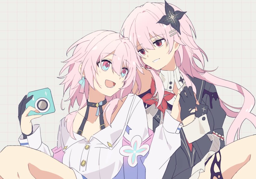 2girls, :d, black_choker, black_dress, black_flower, black_gloves, blue_eyes, bra_strap