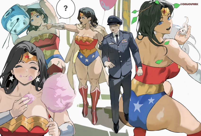 1boy, 1girl, ?, absurdres, ass, back, balloon, bare_back, bare_shoulders, black_hair, black_necktie, blue_eyes, blush, bracer, breasts, cleavage, closed_eyes, commentary, cotton_candy, couple, dc_comics, earrings, eating, english_commentary, faceless, faceless_male, food, full_body, happy, hat, hetero, highres, holding, holding_cotton_candy, holding_food, jewelry, large_breasts, leaf, leotard, long_hair, looking_at_viewer, looking_back, military_uniform, multiple_views, neck, necktie, open_mouth, outstretched_arm, park_ongjol, peaked_cap, short_hair, speech_bubble, spoken_question_mark, star_(symbol), star_earrings, star_print, steve_trevor, strapless, strapless_leotard, superhero_costume, teeth, thick_thighs, thighs, tiara, upper_teeth_only, walking, wonder_woman, wonder_woman_(series)