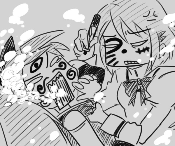 10s, 2girls, air_bubble, asphyxiation, bubble, clenched_teeth, drowning, facepaint, grey_background, greyscale, mahou_shoujo_madoka_magica, mahou_shoujo_madoka_magica_(anime), miki_sayaka, monochrome, multiple_girls, sakura_kyoko, simple_background, tama9toma, teeth, underwater, upper_body, water