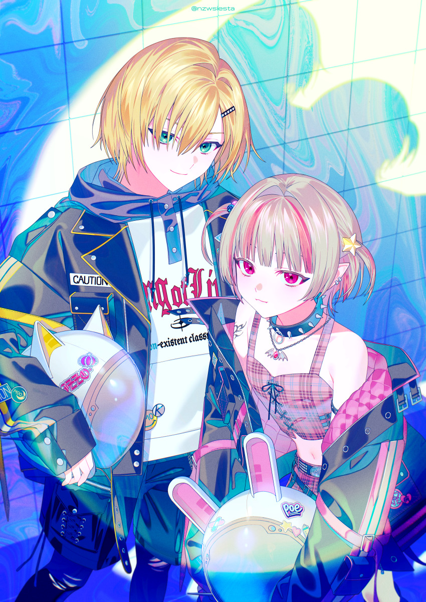 1boy, 1girl, absurdres, animal_ear_helmet, animal_ears_helmet, animal_helmet, armlet, bat_necklace