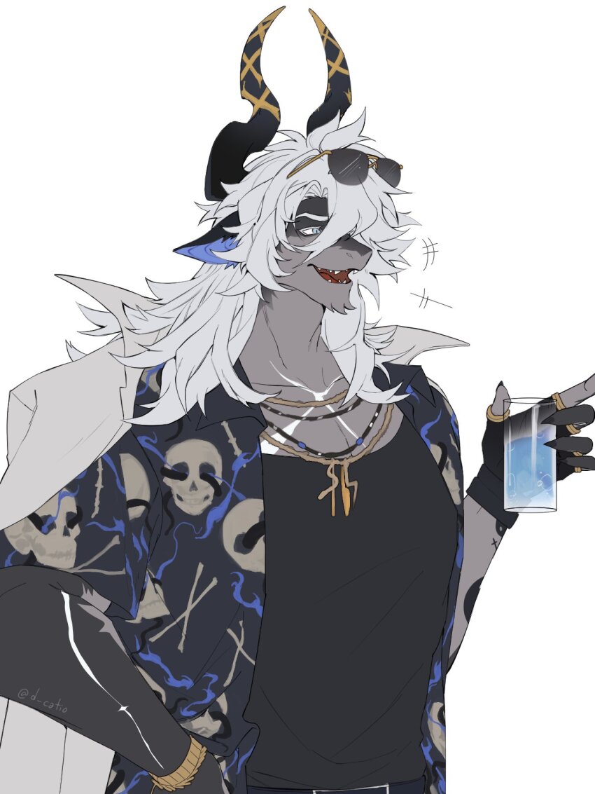 1boy, alchemy_stars, animal_ears, artist_name, black_gloves, black_shirt, claws, coat, coat_on_shoulders, commentary, cup, d_catio, english_commentary, eyewear_on_head, fangs, fingerless_gloves, furry, furry_male, gloves, goat_ears, goat_horns, highres, holding, holding_cup, horns, istvan_(roadside_celebrity)_(alchemy_stars), jewelry, looking_to_the_side, male_focus, muscular, muscular_male, necklace, open_clothes, open_mouth, open_shirt, pectorals, shirt, sunglasses, white_background, white_coat, white_hair