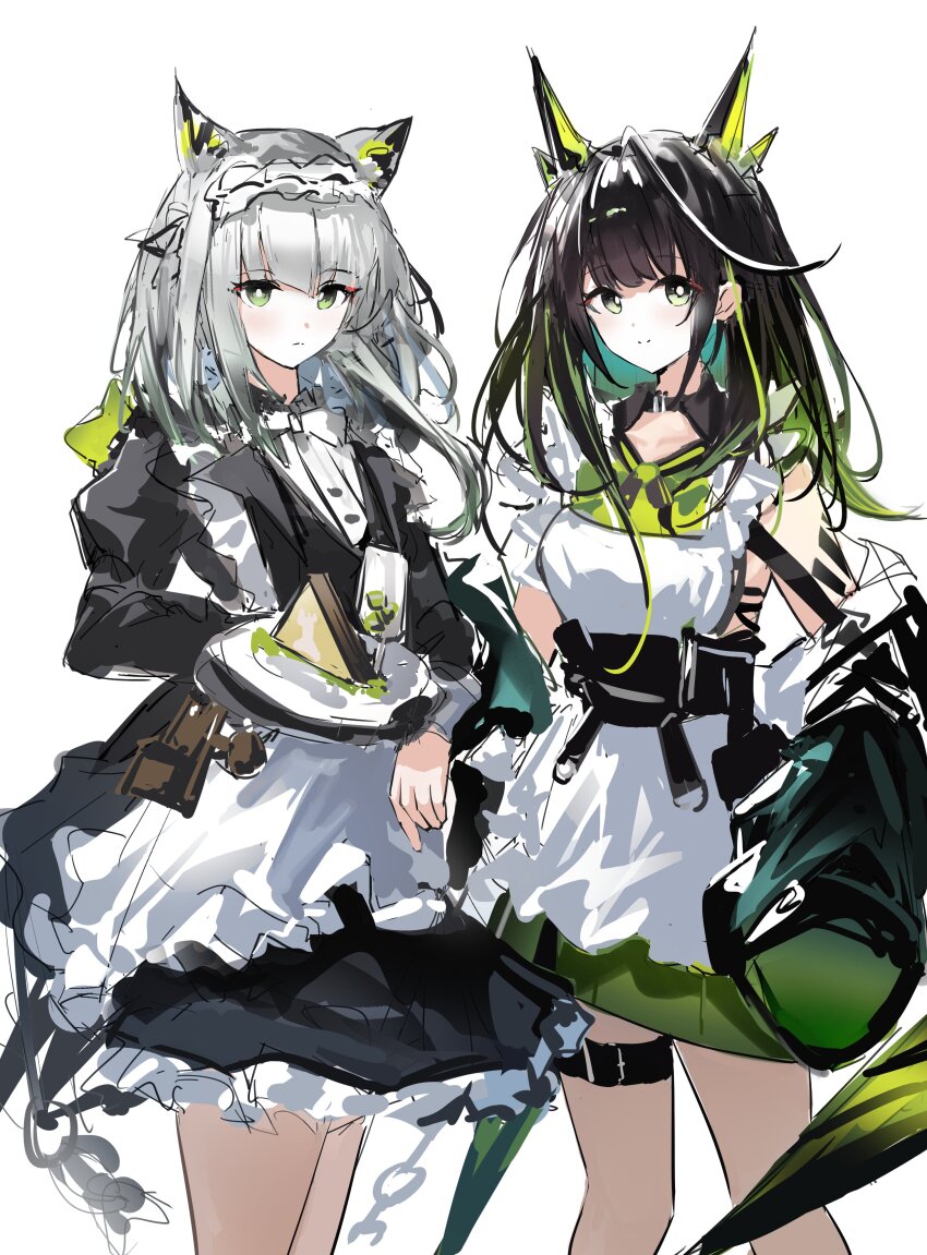 2girls, absurdres, ahoge, alternate_costume, animal_ears, apron, aqua_hair, arknights