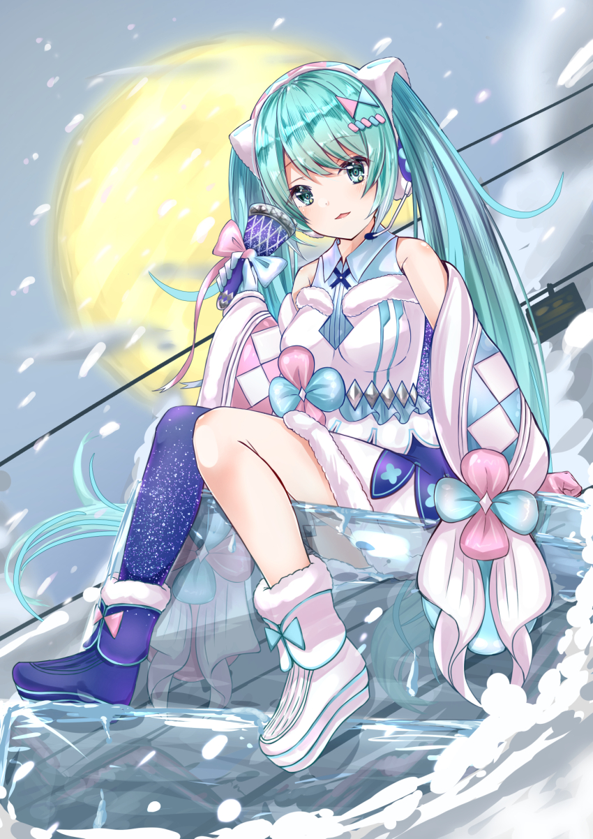 1girl, aqua_eyes, aqua_hair, asymmetrical_gloves, bell, blue_gloves, blush, detached_sleeves