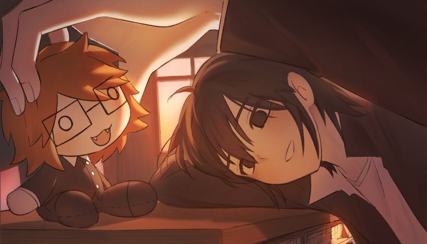 2boys, brown_eyes, brown_hair, character_doll, classroom, commentary, desk, doll