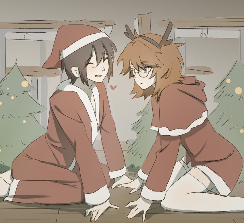2boys, antlers, black_hair, brown_eyes, brown_hair, brown_jacket, capelet, christmas_tree