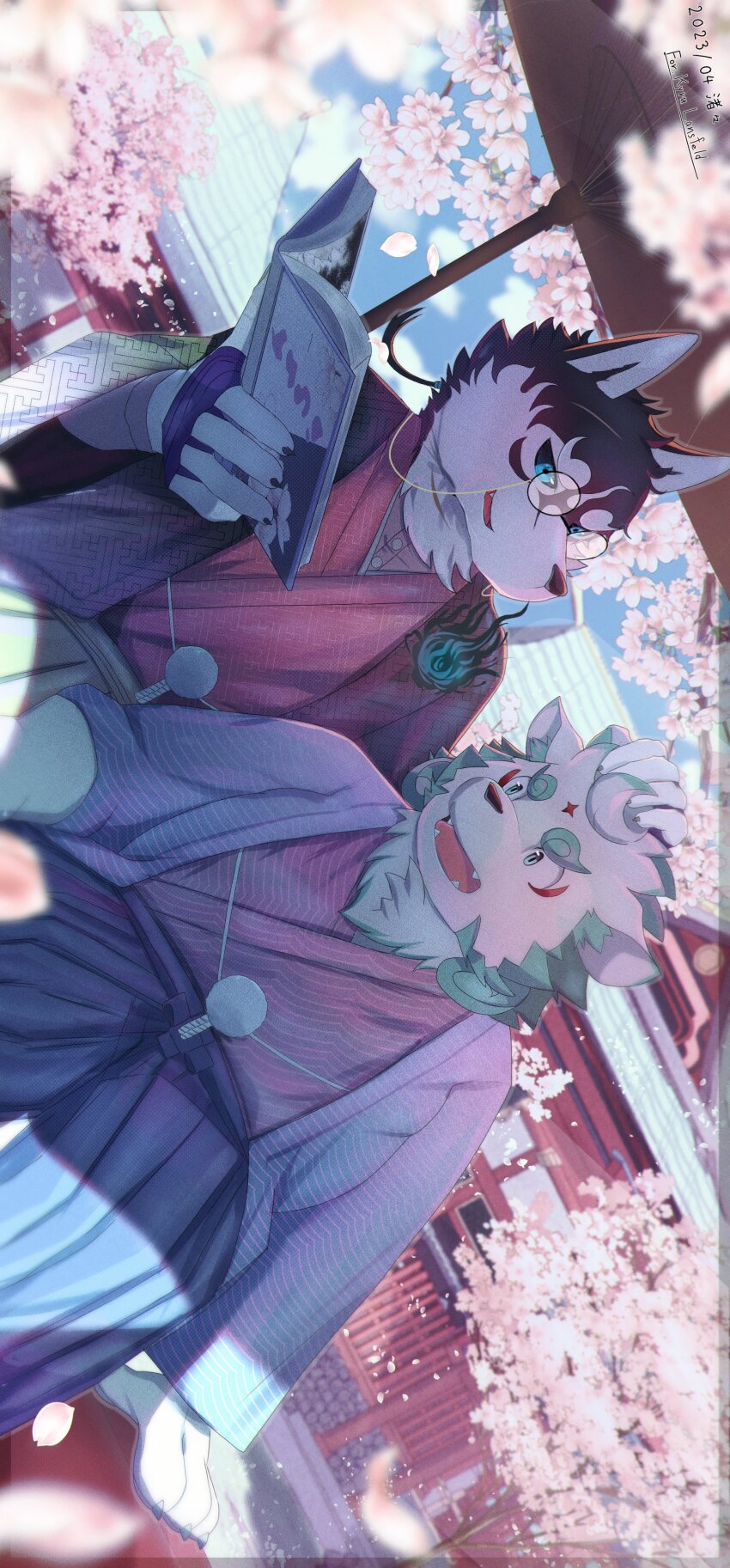 2boys, absurdres, agyo_(housamo), animal_ears, black_sclera, blue_eyes, book, cherry_blossoms