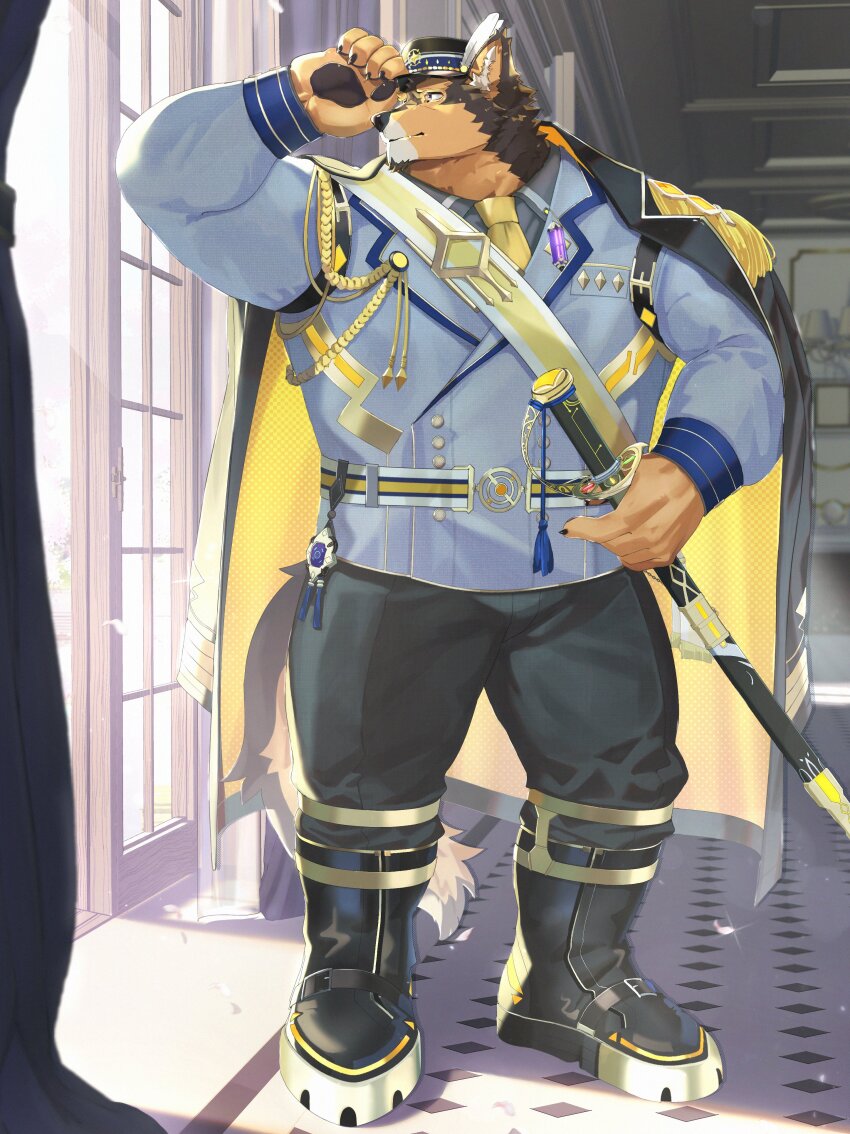 1boy, absurdres, animal_ears, black_boots, black_pants, boots, cape, claws, coat, commentary_request, dog_boy, dog_ears, fang, fang_out, furry, furry_male, grey_coat, hat_feather, highres, holding, holding_sword, holding_weapon, live_a_hero, looking_to_the_side, male_focus, nana_(n_na7), neckerchief, pants, pawpads, profile, pubraseer_(live_a_hero), sheath, sheathed, sparkle, sword, weapon, yellow_neckerchief