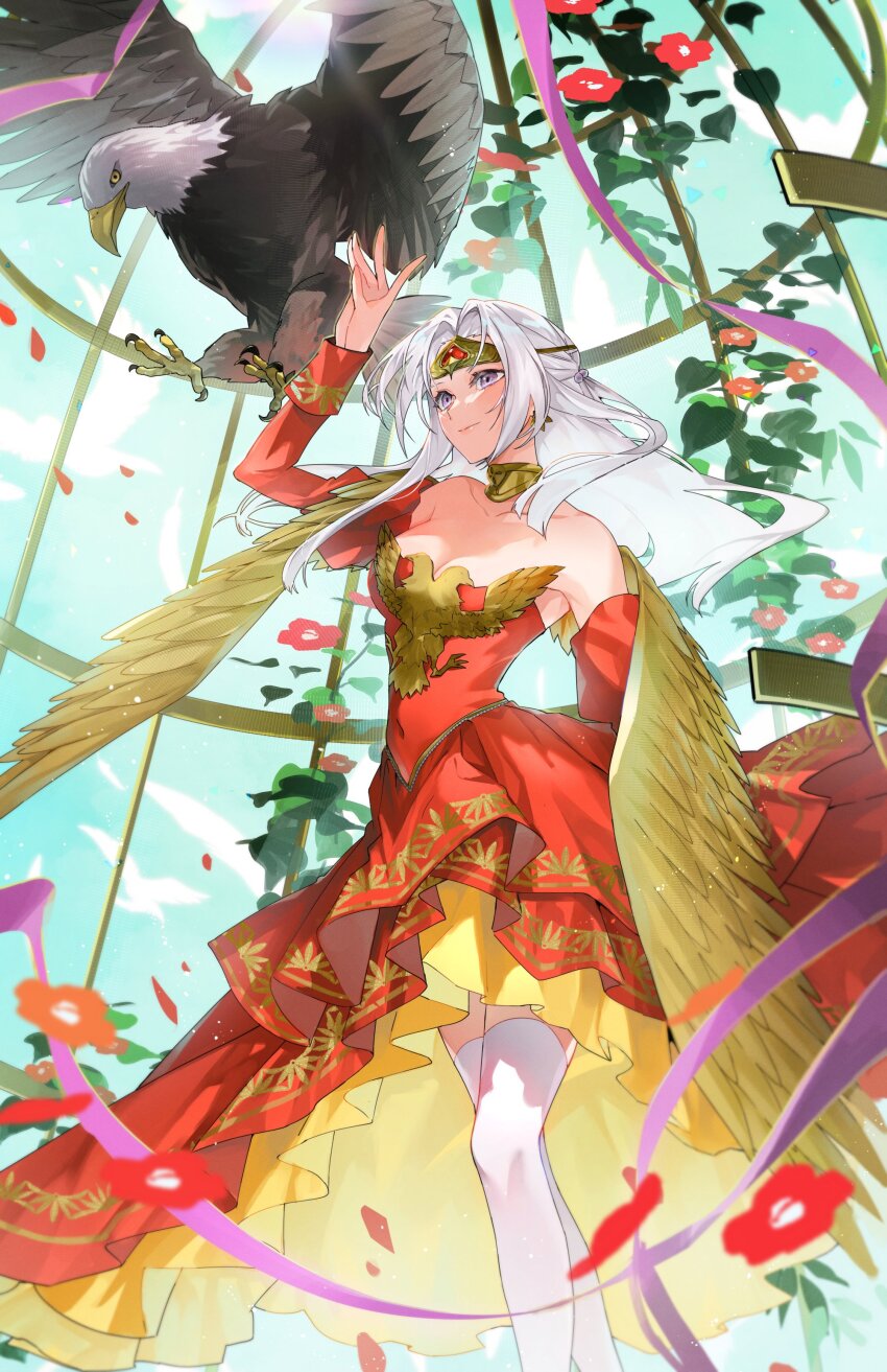 1girl, absurdres, animal, armpits, bare_shoulders, bird, breasts, cdgm000