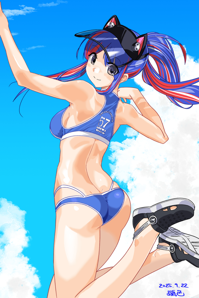 1girl, akakin2012, animal_hat, ass, back, bikini, black_shoes, blue_bikini, blue_hair, blue_sky, breasts, cat_hat, cloud, commentary_request, dated, grey_eyes, hat, hat_with_ears, kantai_collection, long_hair, looking_at_viewer, official_alternate_costume, ponytail, red_hair, shoes, signature, sky, smile, solo, south_dakota_(kancolle), south_dakota_(swimsuit)_(kancolle), sports_bikini, swimsuit, visor_cap
