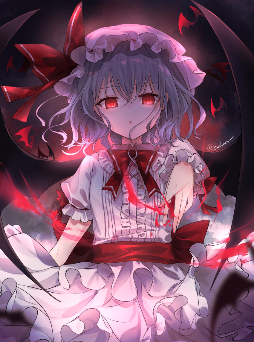 1girl, animal_print, anllouser, bat_print, bat_wings, blue_hair, bow, bowtie, collared_shirt, commentary, embodiment_of_scarlet_devil, frilled_shirt_collar, frills, hair_between_eyes, hat, hat_ribbon, highres, looking_at_viewer, mob_cap, open_mouth, pink_hat, pink_shirt, pink_skirt, puffy_short_sleeves, puffy_sleeves, red_bow, red_bowtie, red_eyes, remilia_scarlet, ribbon, shirt, short_hair, short_sleeves, skirt, skirt_set, solo, untranslatable_commentary, touhou, twitter_username, upper_body, wings, wrist_cuffs