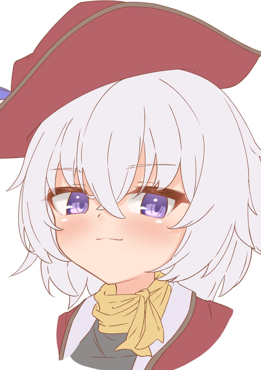 1girl, absurdres, cowboy_hat, cropped_shoulders, emil_chronicle_online, gigo_alma, hat, highres, jacket, purple_eyes, red_hat, red_jacket, scarf, silver-index, solo, white_background, white_hair, yellow_scarf