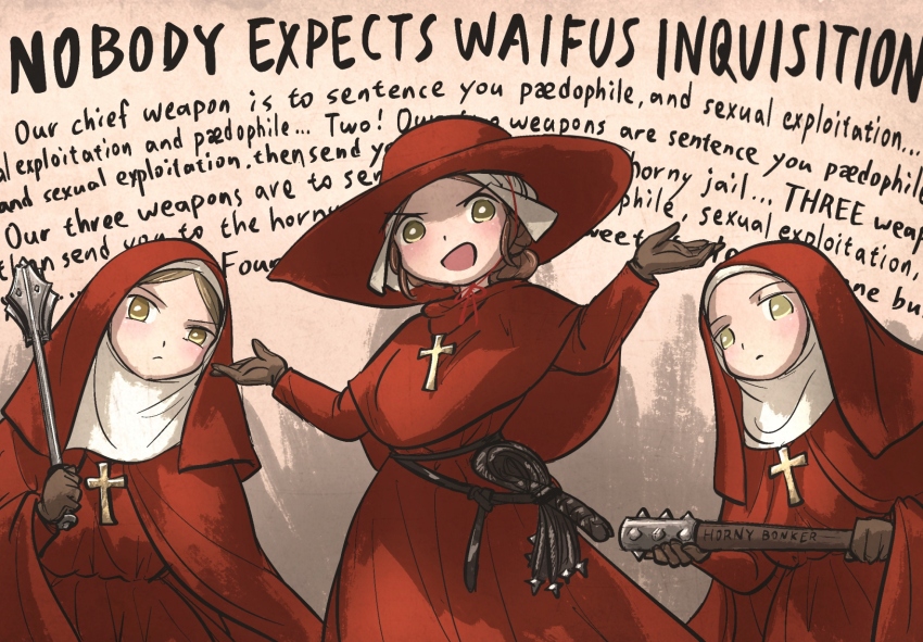 3girls, :d, blush, brown_eyes, brown_hair, character_request, club, club_(weapon)