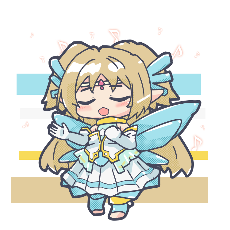 1girl, blonde_hair, blue_thighhighs, blue_wings, chibi, closed_eyes, dress, elbow_gloves