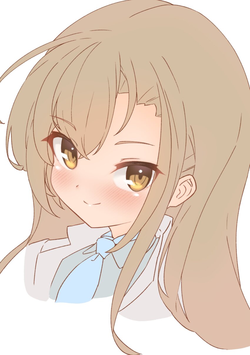 1girl, absurdres, blonde_hair, blue_necktie, blue_shirt, cropped_shoulders, dr._iris, emil_chronicle_online, highres, jacket, long_hair, looking_at_viewer, necktie, shirt, silver-index, smile, solo, white_background, white_jacket, yellow_eyes