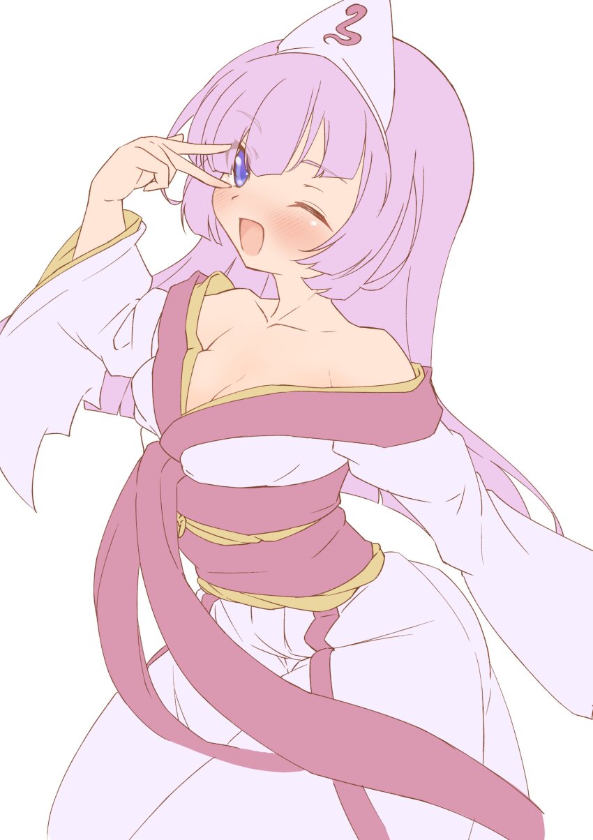 1girl, absurdres, blue_eyes, breasts, cleavage, emil_chronicle_online, hair_ornament, highres, japanese_clothes, kimono, large_breasts, one_eye_closed, open_mouth, pink_hair, pink_kimono, pink_sash, sash, silver-index, solo, towa_(emil_chronicle_online), undressing, v, v_over_eye, white_background