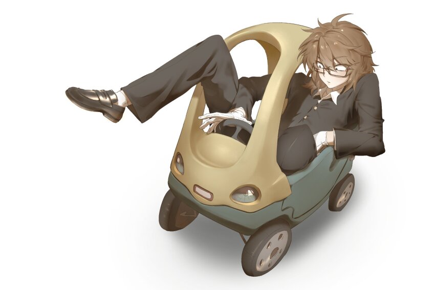 1boy, black_eyes, black_jacket, brown_hair, commentary, cozy_coupe, cramped, full_body