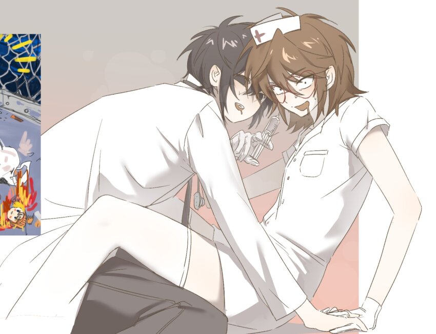2boys, black_eyes, black_hair, brown_hair, coat, commentary_request, crossdressing, crossdressing_(mtf), doctor, dress, drooling, gaezugi2_2, hat, holding, holding_hands, holding_syringe, korean_commentary, looking_at_viewer, male_focus, mouth_drool, multiple_boys, nurse, nurse_cap, randal's_friends, randal_ivory, reference_inset, short_hair, stethoscope, stethoscope_around_neck, syringe, thighhighs, tsukada_satoru, white_coat, white_dress, white_thighhighs, yuri