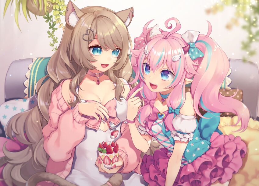2girls, :3, :d, animal_ear_fluff, animal_ears, antenna_hair, aqua_eyes, bare_shoulders, blue_bow, blue_choker, blue_dress, blue_eyes, blue_hair, bow, breasts, brown_hair, cake, cardigan, cat_ears, cat_girl, cat_tail, chest_bow, choker, cleavage, commentary_request, commission, couch, cushion, detached_sleeves, dress, eyelashes, fangs, feather_hair_ornament, feathers, food, fork, gradient_eyes, hair_between_eyes, hair_bow, hair_ornament, hand_up, hanging_plant, heart, heart_hair_ornament, holding, holding_cake, holding_food, holding_fork, horns, indie_virtual_youtuber, indoors, long_hair, medium_breasts, mismatched_bows, multicolored_dress, multicolored_eyes, multicolored_hair, multiple_girls, off_shoulder, on_couch, open_cardigan, open_clothes, open_mouth, pillow, pink_bow, pink_cardigan, pink_dress, pink_hair, pointing_at_mouth, pointy_ears, purple_eyes, sakurai_hana, short_dress, short_sleeves, sidelocks, single_bare_shoulder, sitting, skeb_commission, slit_pupils, small_breasts, smile, sparkling_eyes, star_(symbol), star_print, star_print_dress, strawberry_shortcake, streaked_hair, swept_bangs, tail, teeth, tenshimi_(vtuber), tomobe_kinuko, tongue, twintails, two-tone_bow, two-tone_hair, upper_body, upper_teeth_only, wavy_hair, white_bow, white_dress
