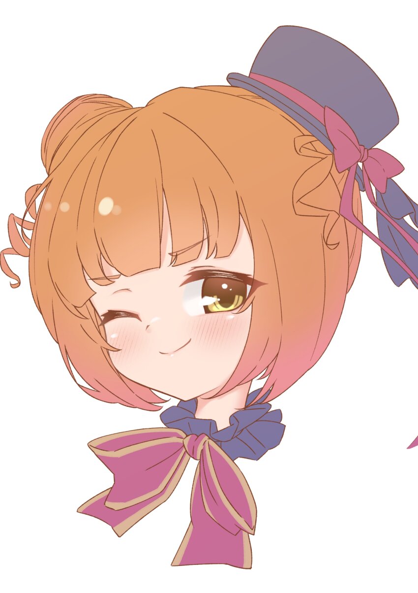 absurdres, black_choker, black_hat, choker, cropped_head, drill_hair, emil_chronicle_online, frilled_choker, frills, hair_bun, hat, hat_ribbon, highres, neck_ribbon, one_eye_closed, orange_hair, red_ribbon, ribbon, silver-index, smile, umbrella_alma, yellow_eyes