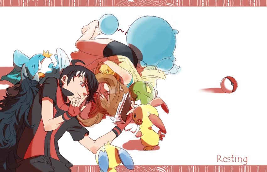 1boy, 1girl, bakasaru, bakasaru_saitou, bike_shorts, black_hair, blanket, brendan_(pokemon), brown_hair, closed_eyes, couple, fingerless_gloves, gen_2_pokemon, gen_3_pokemon, gloves, hetero, lying, marill, may_(pokemon), mightyena, minun, mudkip, nintendo, on_side, one_eye_closed, orara, plusle, poke_ball, pokemon, pokemon_(creature), pokemon_adventures, red_eyes, short_hair, sleeping, torchic, wink