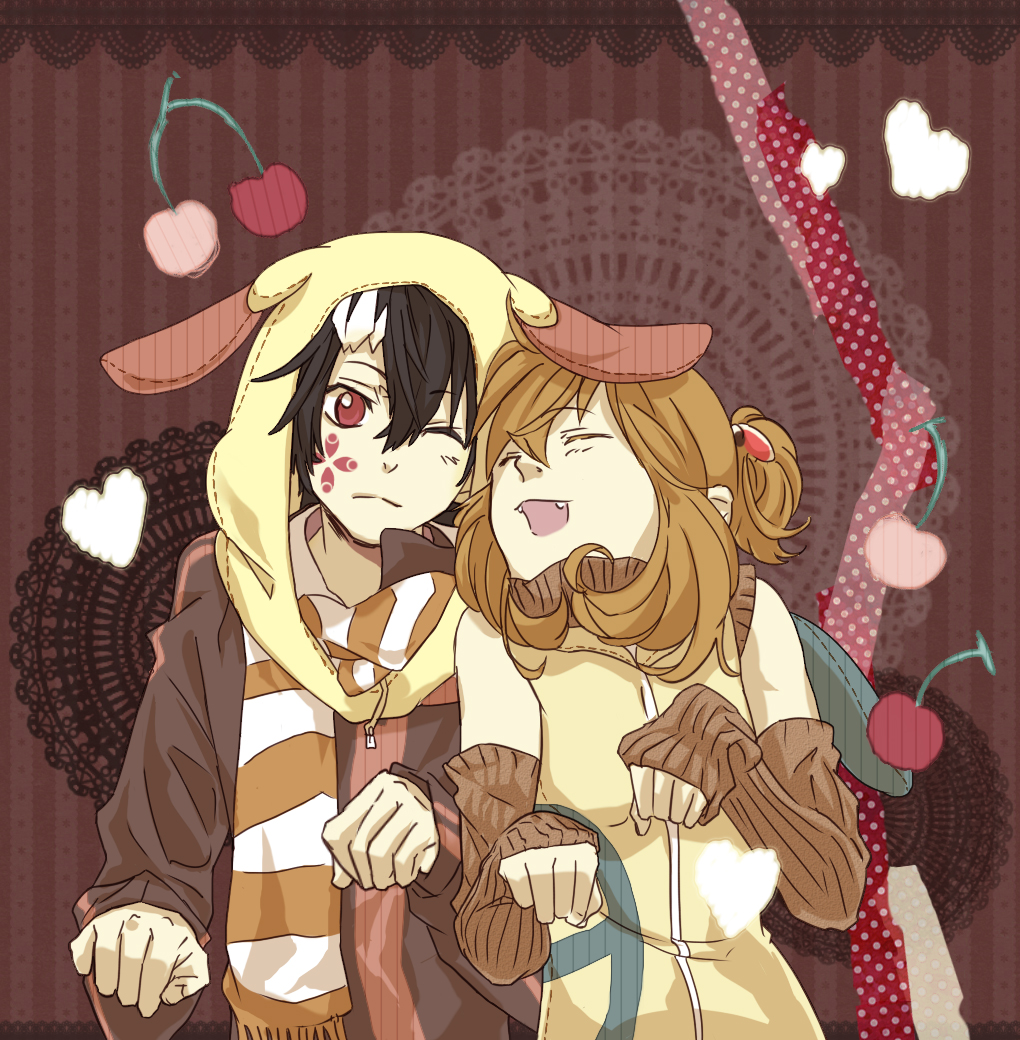 1boy, 1girl, alternate_costume, arm_warmers, bakasaru_saitou, black_hair, brendan_(pokemon), brown_hair, closed_eyes, cosplay, couple, fang, gen_1_pokemon, gen_3_pokemon, hetero, jacket, may_(pokemon), minun, minun_(cosplay), nintendo, one_eye_closed, orara, paw_pose, pikachu, pikachu_(cosplay), plusle, plusle_(cosplay), pokemon, pokemon_adventures, ponytail, red_eyes, short_hair, smile, stripe, striped, tattoo, wink